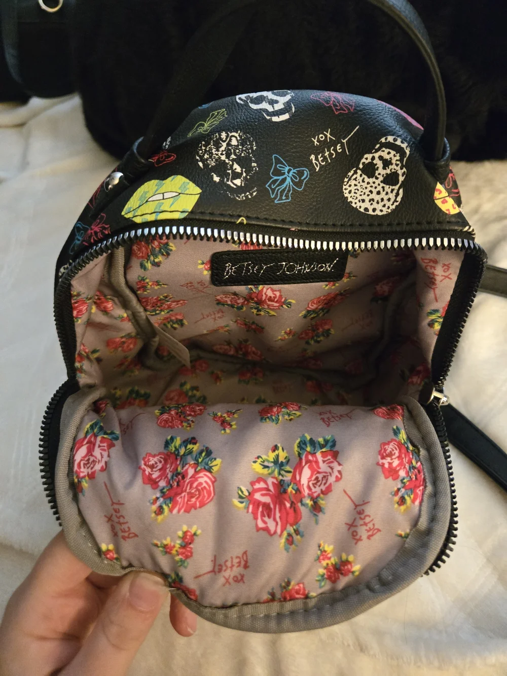 Betsey Johnson Black Mini Backpack with Colorful Pop Print